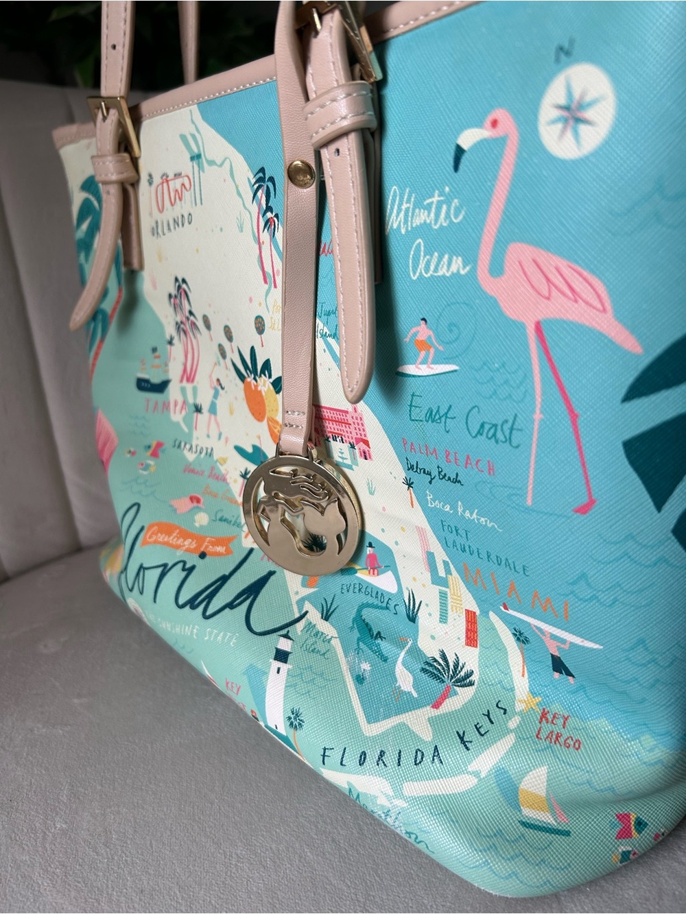 Spartina 449 Teal and Pink Florida Map Tote with Cream Handles - Picture 3 of 16